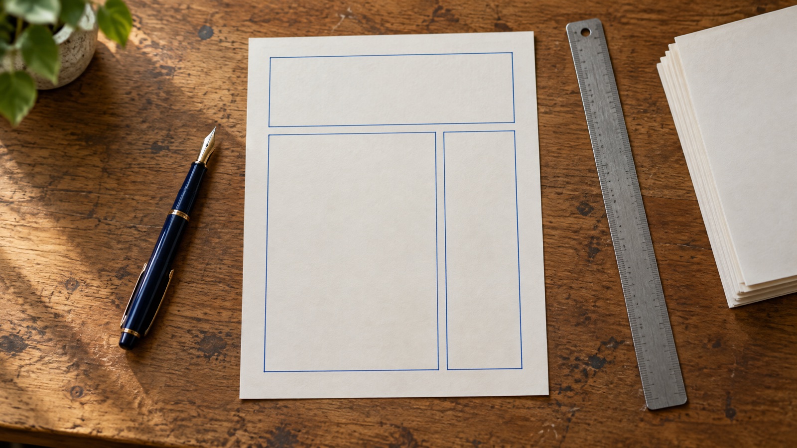 An overhead view of a desk with a web page layout drawn in blue ink on cream paper, beside a fountain pen and a steel ruler
