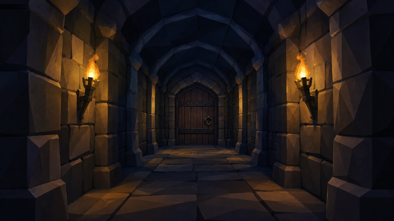 A torch-lit stone dungeon corridor in low-poly style, with a heavy iron-banded door at the far end
